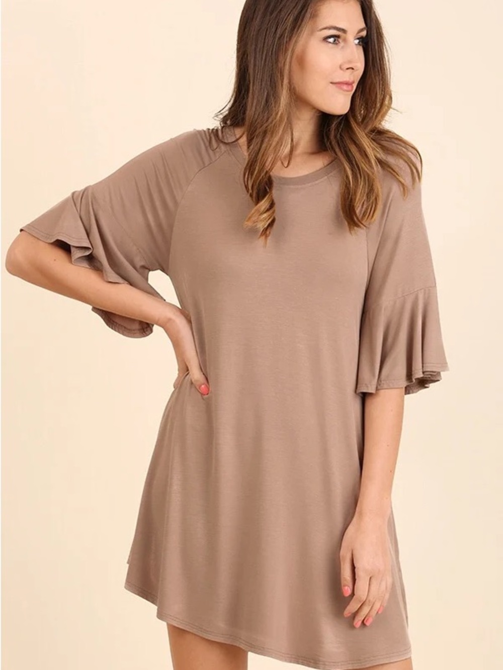 Bellamie Taupe Flutter-Sleeve Mini Dress